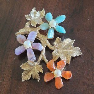 Vintage SWOBODA Semi Precious Gemstone Floral Brooch Pin Pearl Amethyst Carnelia